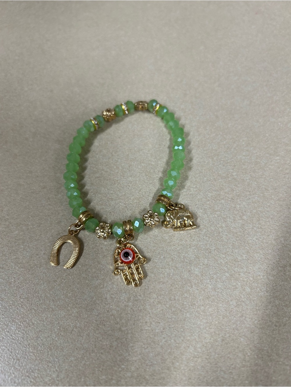 Gold Charm Green Beaded Hamsa Bracelet